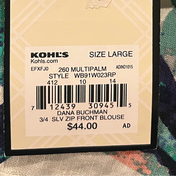 Dana Buchman Linen Blend Tropical Palm 3/4 Sleeve Zip Front Blouse - Picture 7 of 7